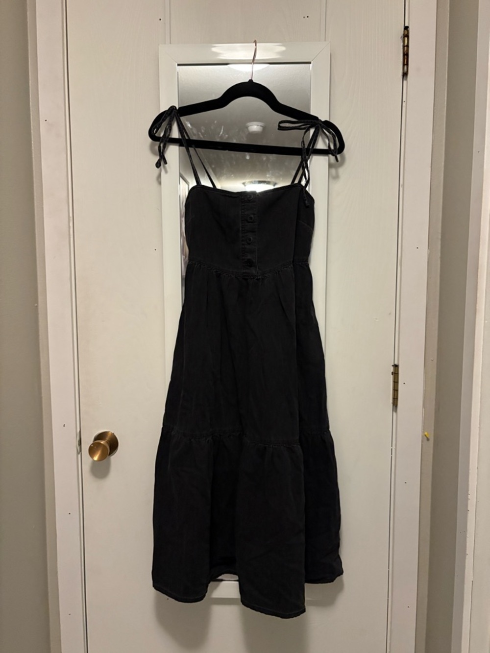 Madewell Black Tiered Tie-Shoulder Black Denim Midi Dress